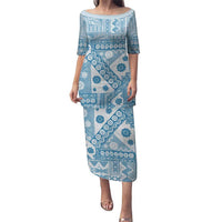 Blue Bula Fiji Puletasi Unique Masi Tapa Pattern LT14 Long Dress Blue - Polynesian Pride