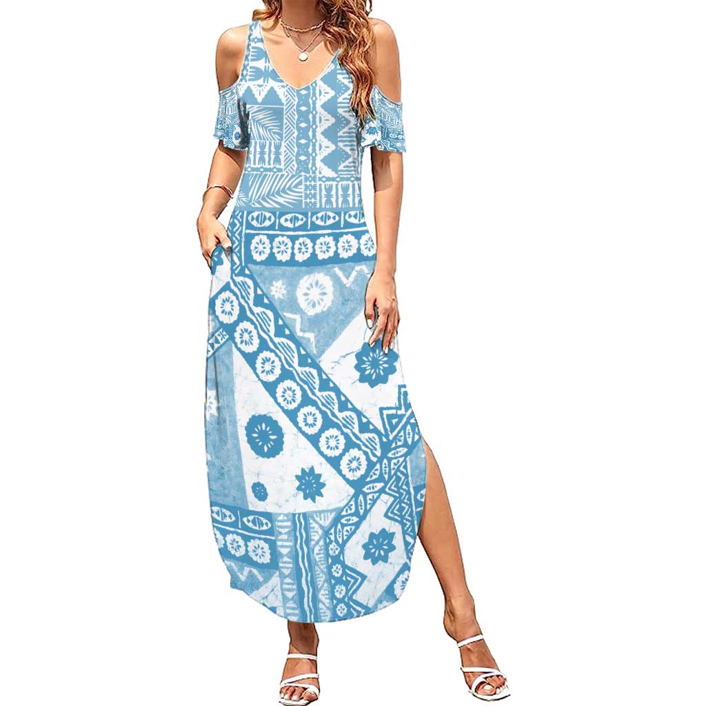 Blue Bula Fiji Summer Maxi Dress Unique Masi Tapa Pattern LT14 Women Blue - Polynesian Pride