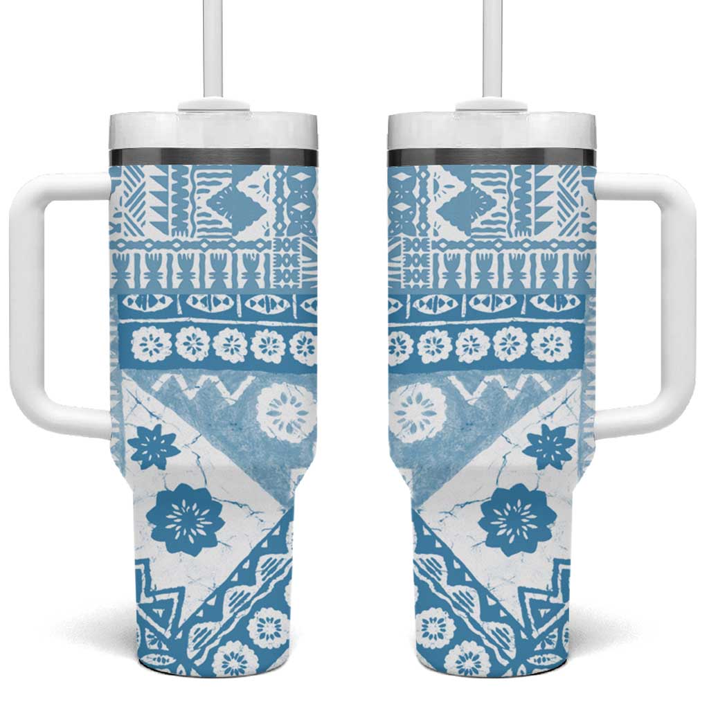 Blue Bula Fiji Tumbler With Handle Unique Masi Tapa Pattern LT14 One Size: 40 oz Blue - Polynesian Pride