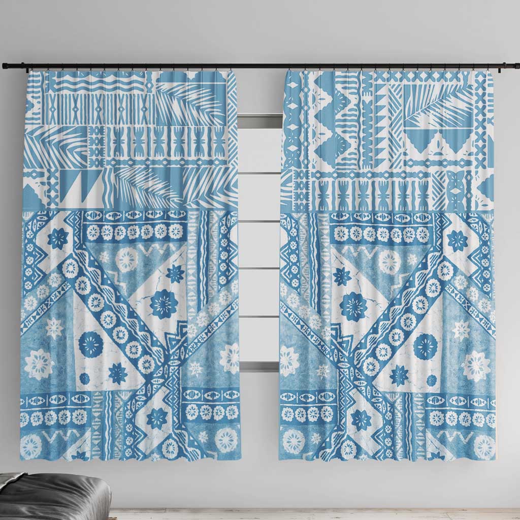 Blue Bula Fiji Window Curtain Unique Masi Tapa Pattern LT14 With Hooks Blue - Polynesian Pride