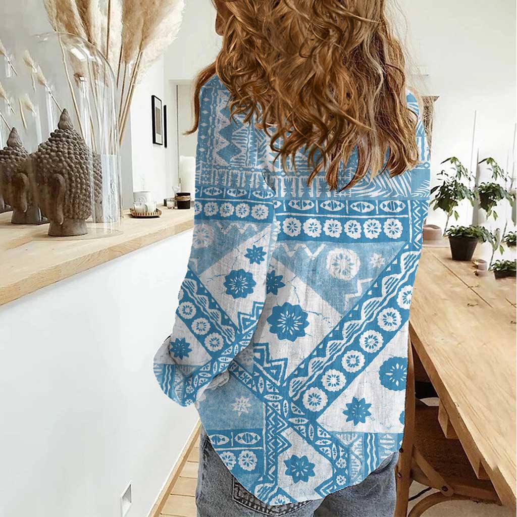 Blue Bula Fiji Women Casual Shirt Unique Masi Tapa Pattern LT14 - Polynesian Pride