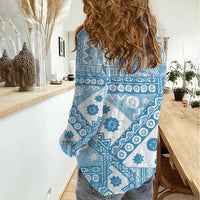 Blue Bula Fiji Women Casual Shirt Unique Masi Tapa Pattern LT14 - Polynesian Pride