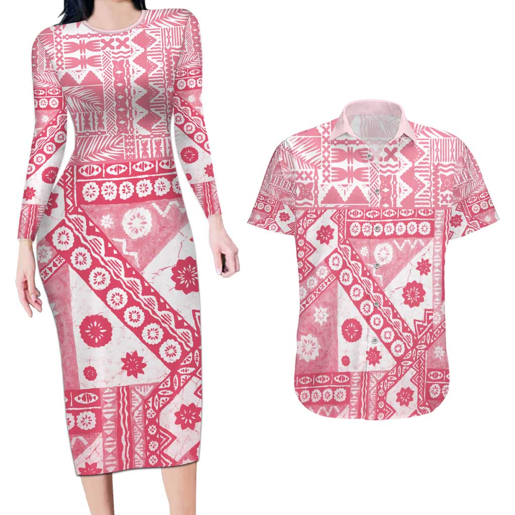 Pink Bula Fiji Couples Matching Long Sleeve Bodycon Dress and Hawaiian Shirt Unique Masi Tapa Pattern