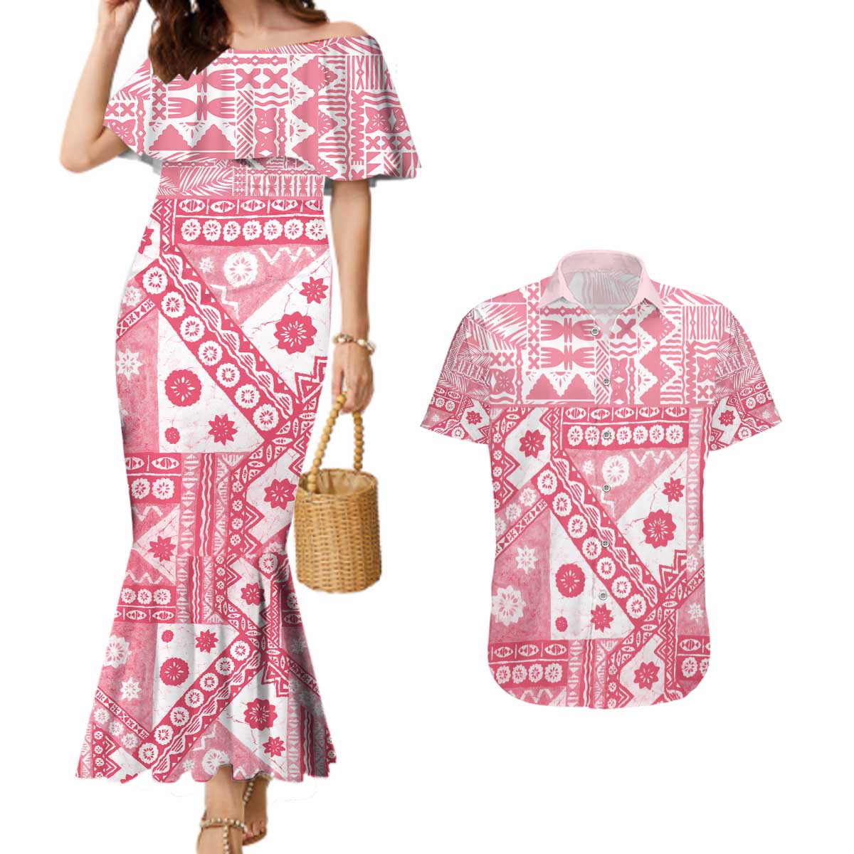 Pink Bula Fiji Couples Matching Mermaid Dress and Hawaiian Shirt Unique Masi Tapa Pattern