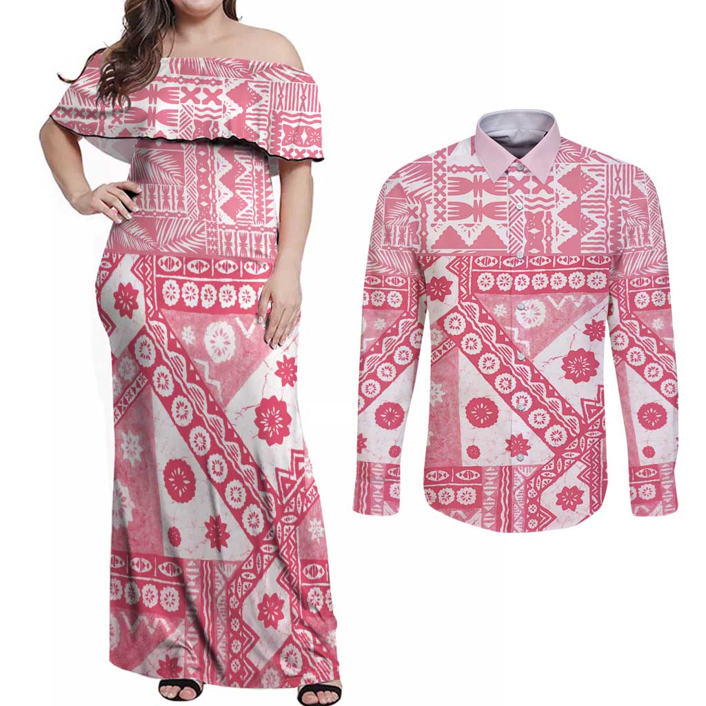 Pink Bula Fiji Couples Matching Off Shoulder Maxi Dress and Long Sleeve Button Shirt Unique Masi Tapa Pattern