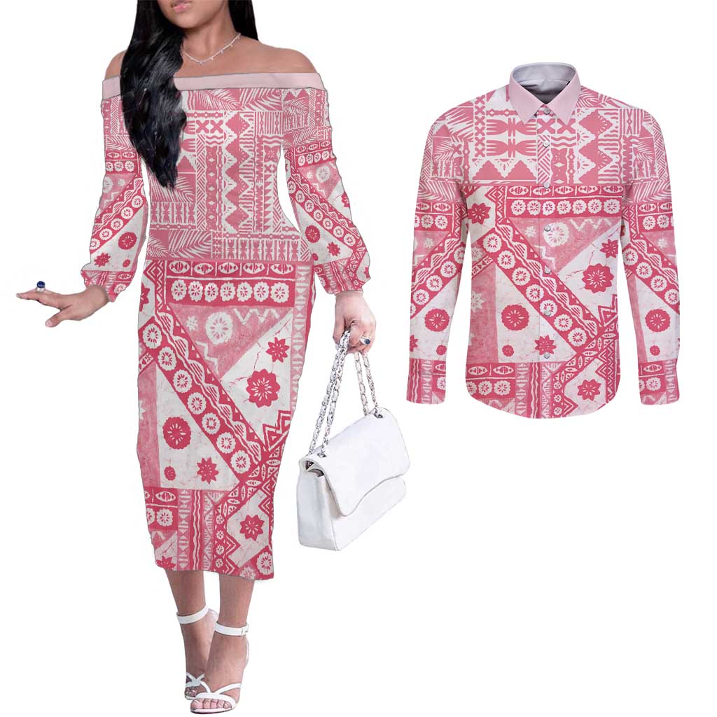 Pink Bula Fiji Couples Matching Off The Shoulder Long Sleeve Dress and Long Sleeve Button Shirt Unique Masi Tapa Pattern