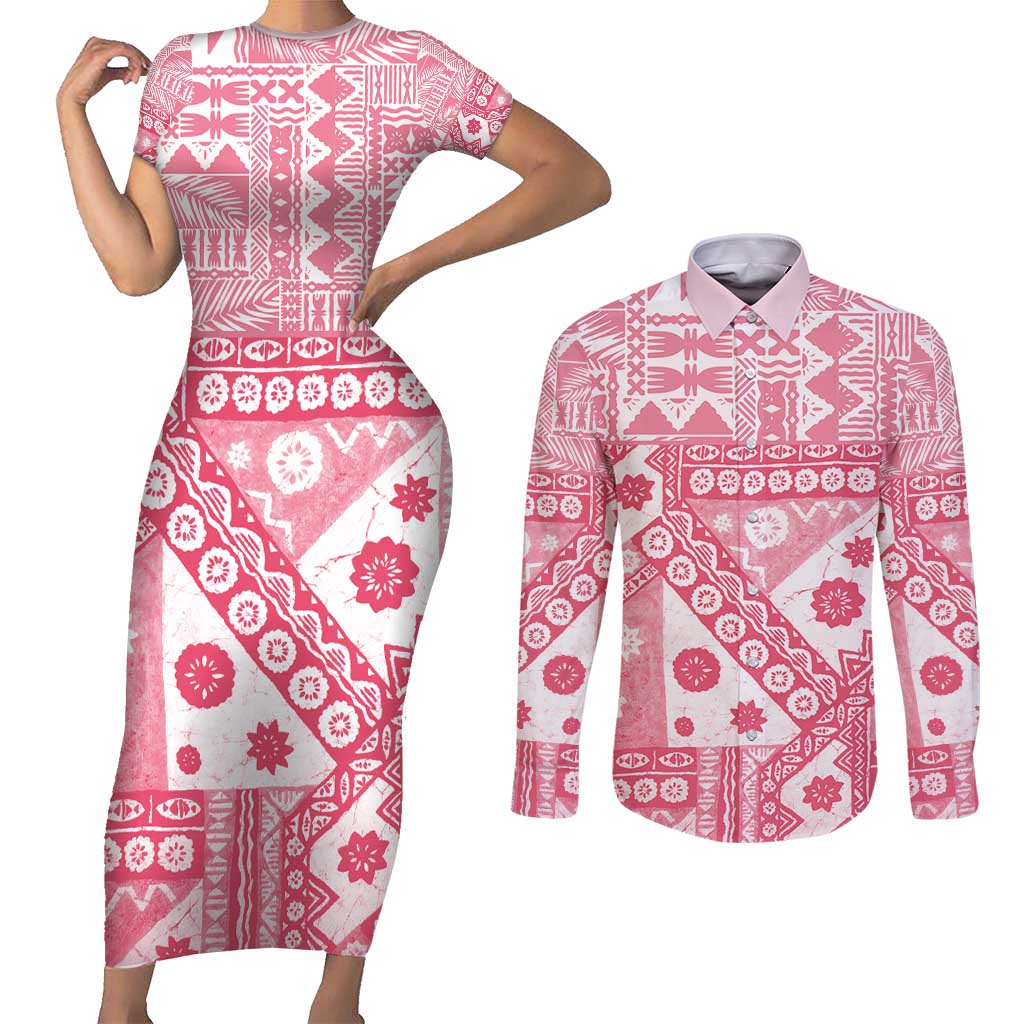 Pink Bula Fiji Couples Matching Short Sleeve Bodycon Dress and Long Sleeve Button Shirt Unique Masi Tapa Pattern