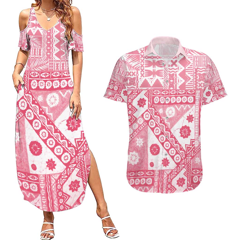 Pink Bula Fiji Couples Matching Summer Maxi Dress and Hawaiian Shirt Unique Masi Tapa Pattern