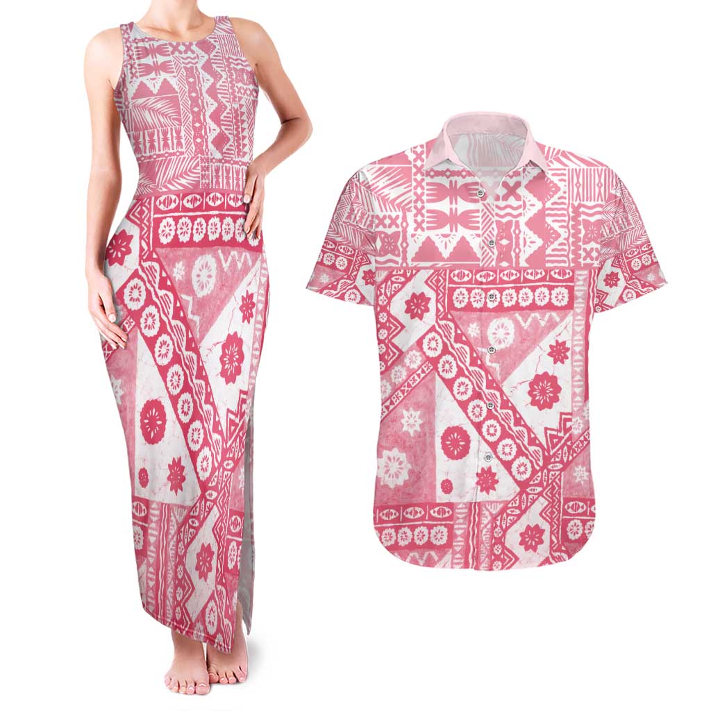 Pink Bula Fiji Couples Matching Tank Maxi Dress and Hawaiian Shirt Unique Masi Tapa Pattern