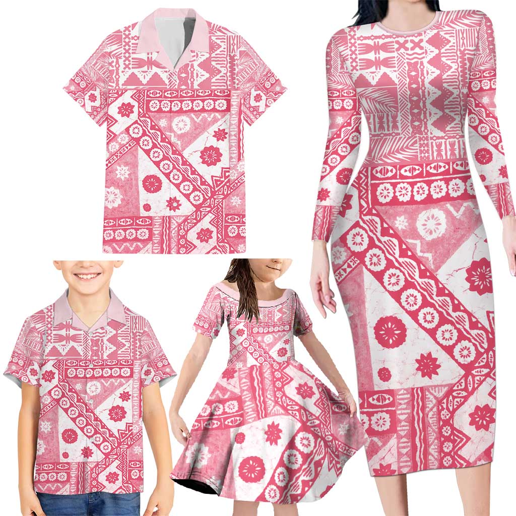 Pink Bula Fiji Family Matching Long Sleeve Bodycon Dress and Hawaiian Shirt Unique Masi Tapa Pattern