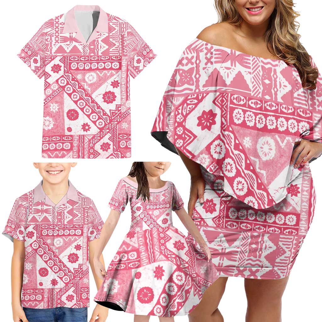 Pink Bula Fiji Family Matching Off Shoulder Short Dress and Hawaiian Shirt Unique Masi Tapa Pattern