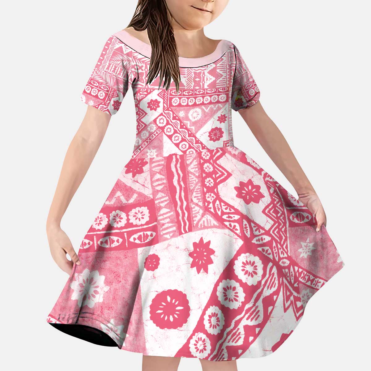 Pink Bula Fiji Kid Short Sleeve Dress Unique Masi Tapa Pattern