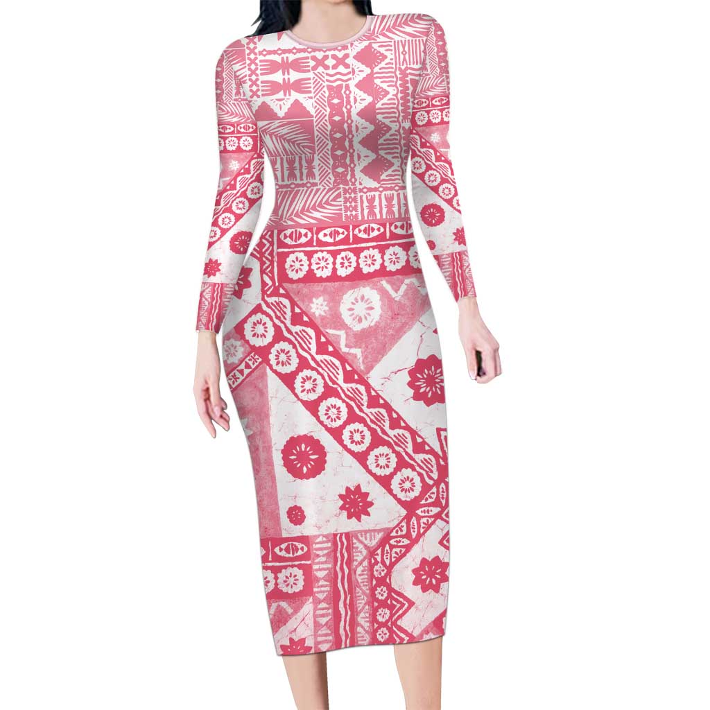 Pink Bula Fiji Long Sleeve Bodycon Dress Unique Masi Tapa Pattern LT14 Long Dress Pink - Polynesian Pride