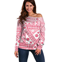 Pink Bula Fiji Off Shoulder Sweater Unique Masi Tapa Pattern LT14 Women Pink - Polynesian Pride
