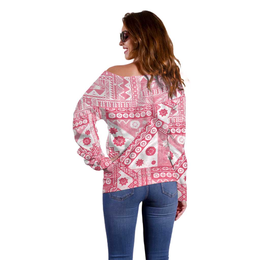 Pink Bula Fiji Off Shoulder Sweater Unique Masi Tapa Pattern LT14 - Polynesian Pride