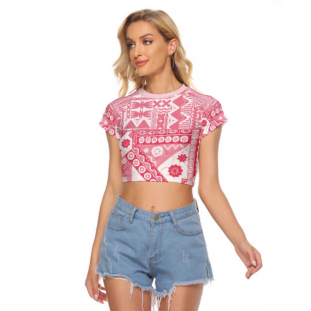 Pink Bula Fiji Raglan Cropped T Shirt Unique Masi Tapa Pattern LT14 Female Pink - Polynesian Pride