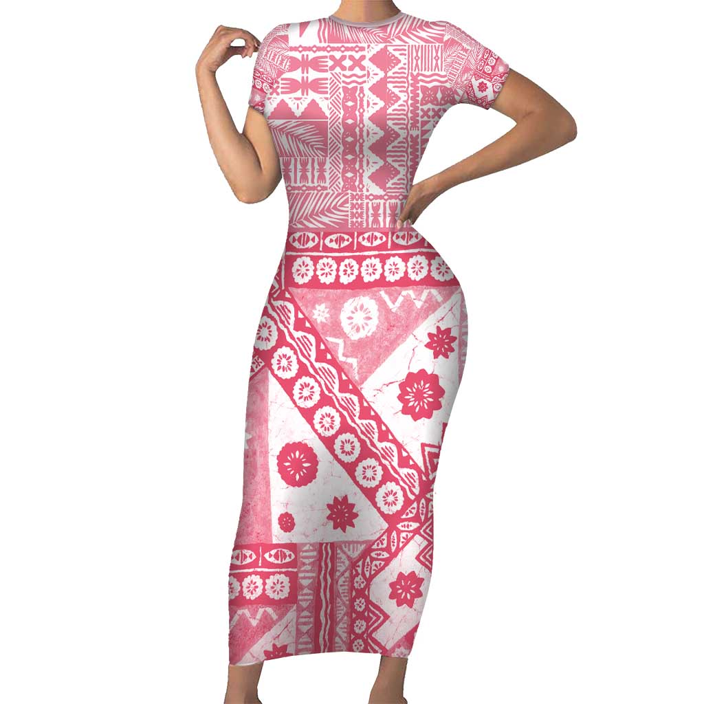 Pink Bula Fiji Short Sleeve Bodycon Dress Unique Masi Tapa Pattern LT14 Long Dress Pink - Polynesian Pride
