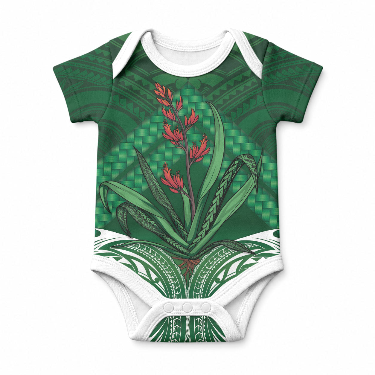 Rongoa Maori New Zealand Harakeke Baby Onesie NZ Weaving Pattern Green LT14 Green - Polynesian Pride
