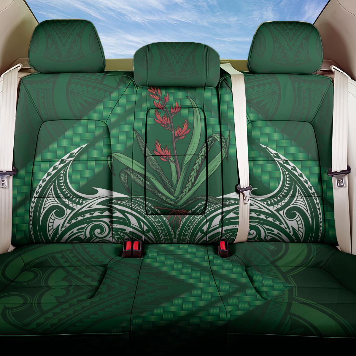 Rongoa Maori New Zealand Harakeke Back Car Seat Cover NZ Weaving Pattern Green LT14 One Size Green - Polynesian Pride