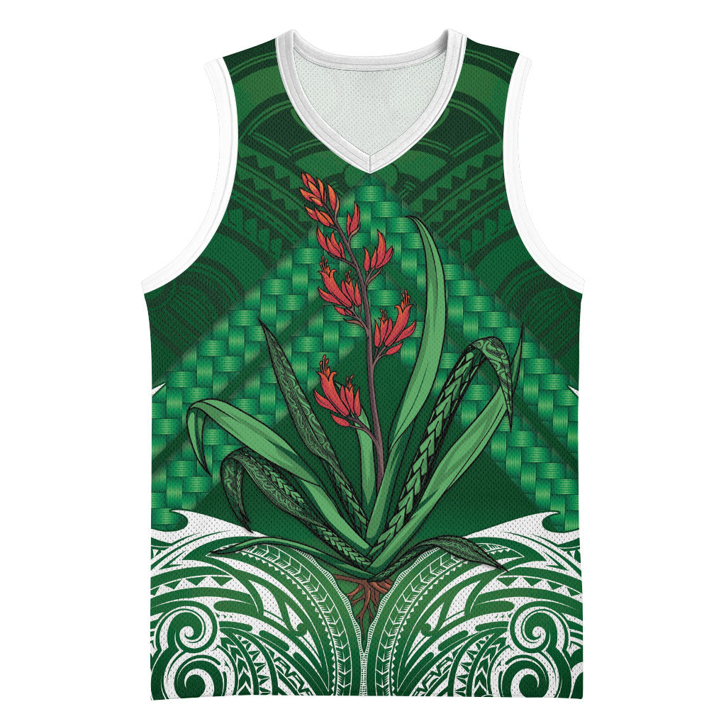 Rongoa Maori New Zealand Harakeke Basketball Jersey NZ Weaving Pattern Green LT14 Unisex Green - Polynesian Pride