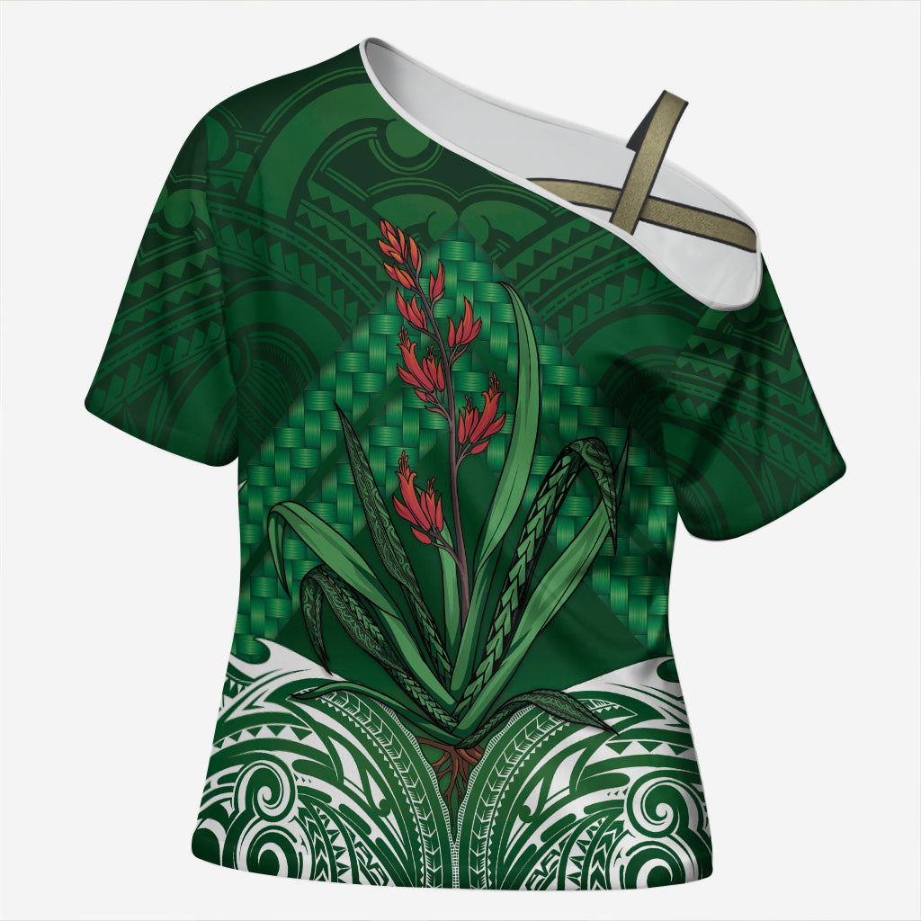Rongoa Maori New Zealand Harakeke Cross Shoulder Shirt NZ Weaving Pattern Green LT14 Female Green - Polynesian Pride