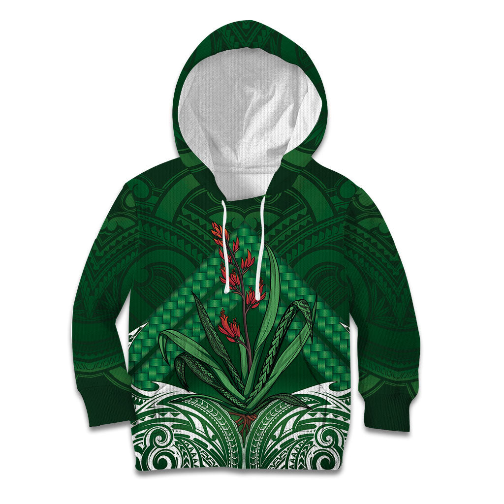 Rongoa Maori New Zealand Harakeke Kid Hoodie NZ Weaving Pattern Green LT14 Hoodie Green - Polynesian Pride