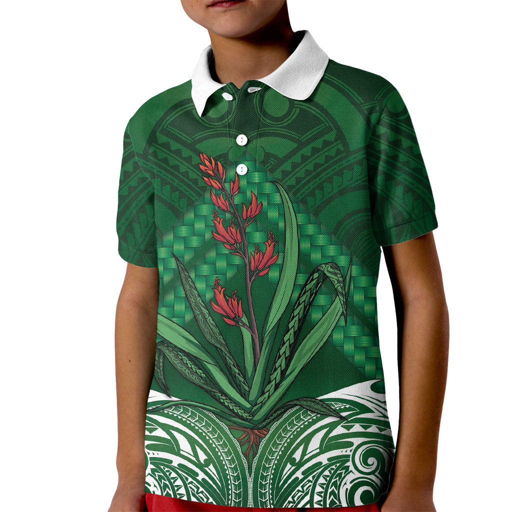 Rongoa Maori New Zealand Harakeke Kid Polo Shirt NZ Weaving Pattern Green LT14 Kid Green - Polynesian Pride