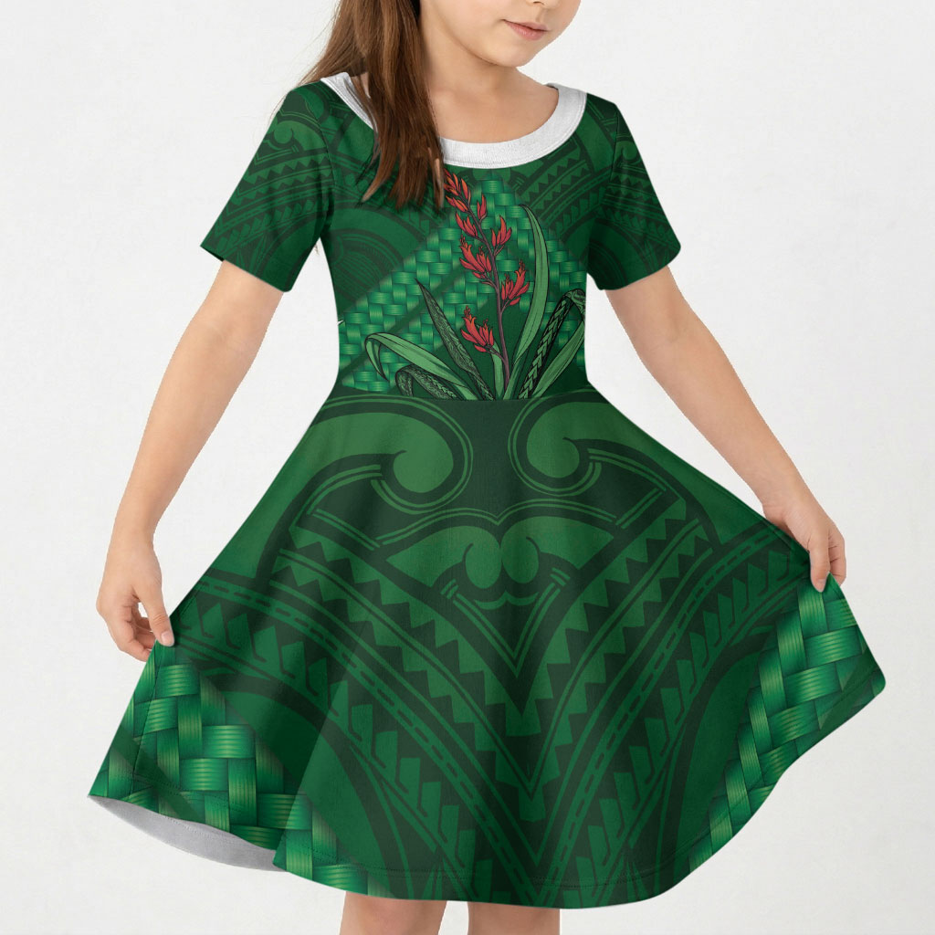 Rongoa Maori New Zealand Harakeke Kid Short Sleeve Dress NZ Weaving Pattern Green LT14 KID Green - Polynesian Pride