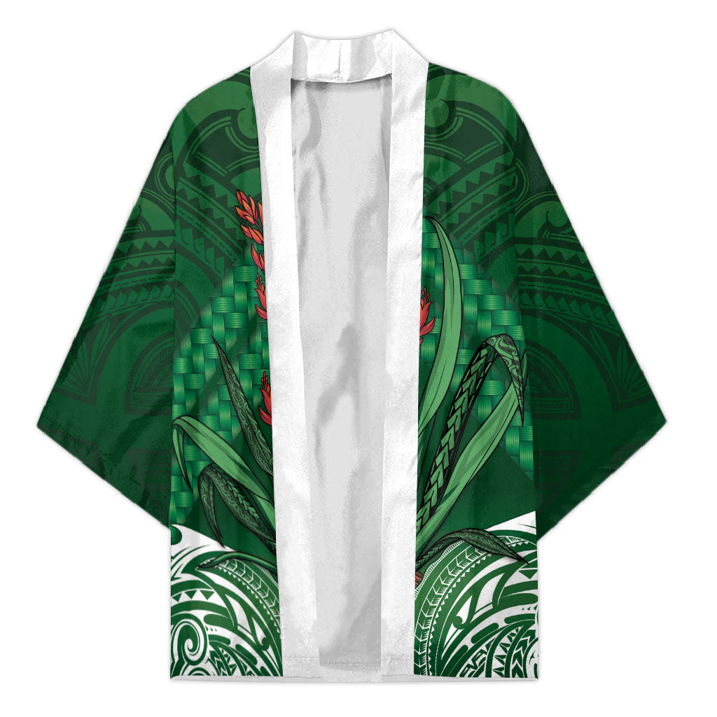 Rongoa Maori New Zealand Harakeke Kimono NZ Weaving Pattern Green LT14 Unisex Green - Polynesian Pride