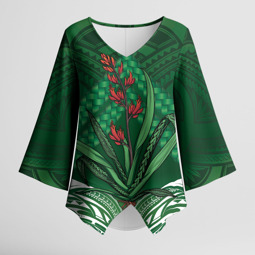 Rongoa Maori New Zealand Harakeke Kimono Sleeve Blouse NZ Weaving Pattern Green LT14 Female Green - Polynesian Pride