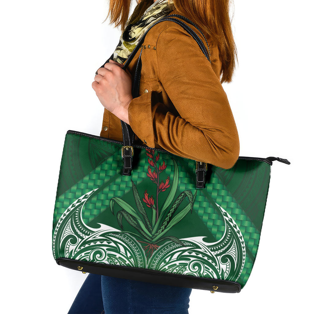 Rongoa Maori New Zealand Harakeke Leather Tote Bag NZ Weaving Pattern Green LT14 Green - Polynesian Pride