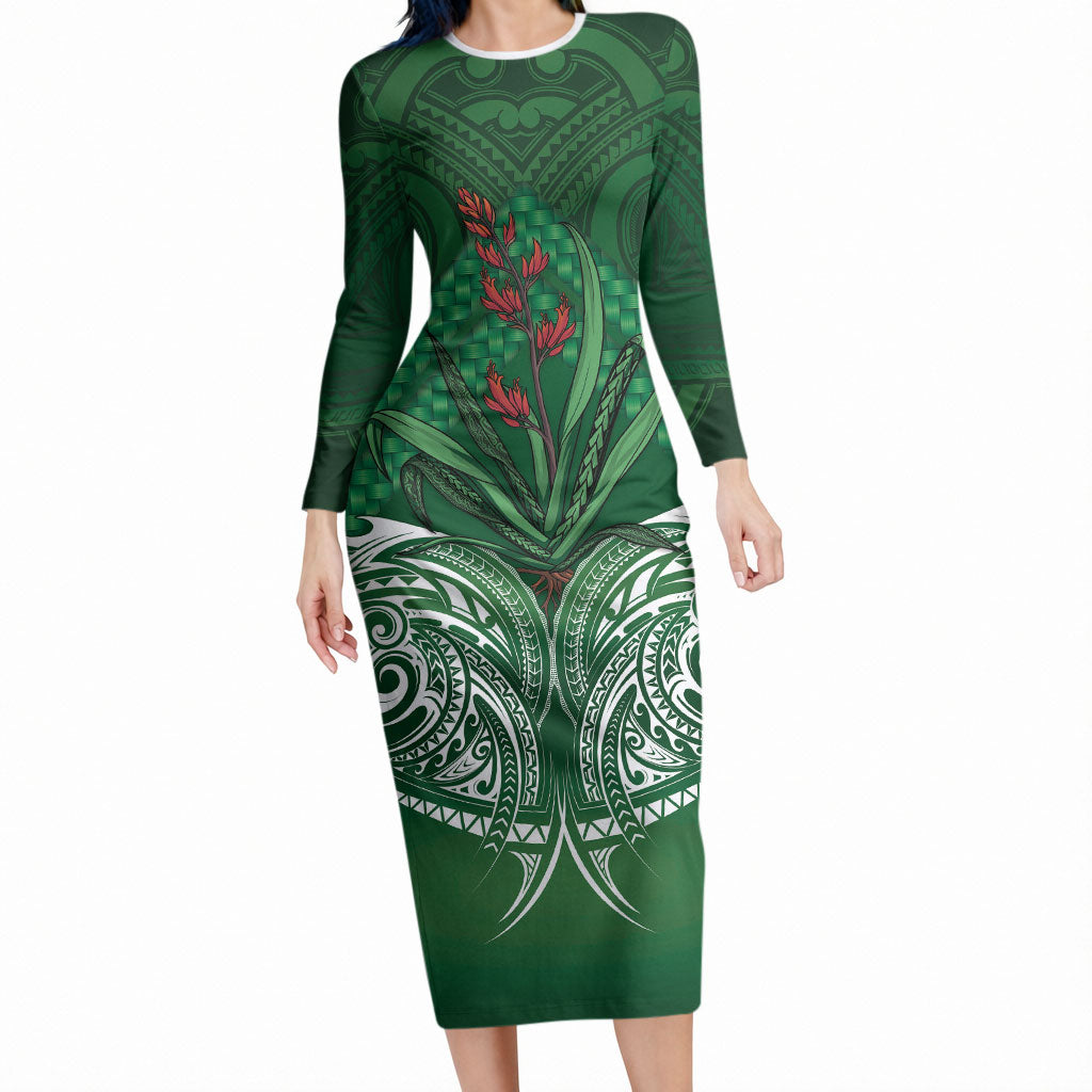 Rongoa Maori New Zealand Harakeke Long Sleeve Bodycon Dress NZ Weaving Pattern Green LT14 Long Dress Green - Polynesian Pride