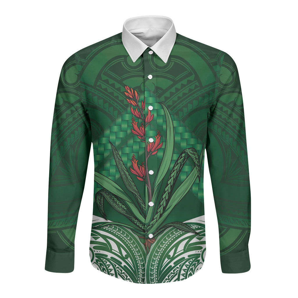 Rongoa Maori New Zealand Harakeke Long Sleeve Button Shirt NZ Weaving Pattern Green LT14 Unisex Green - Polynesian Pride