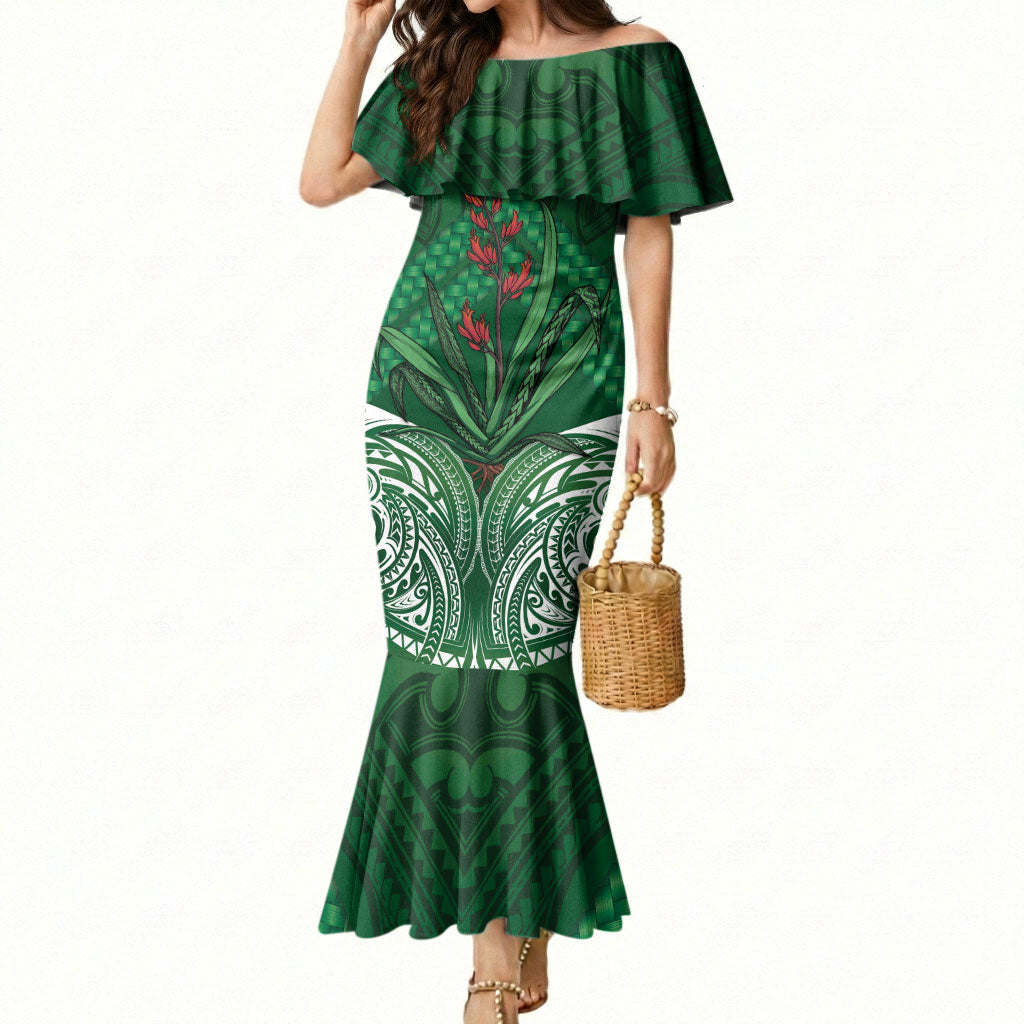 Rongoa Maori New Zealand Harakeke Mermaid Dress NZ Weaving Pattern Green LT14 Women Green - Polynesian Pride