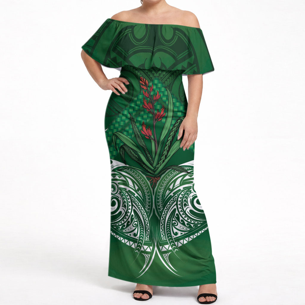 Rongoa Maori New Zealand Harakeke Off Shoulder Maxi Dress NZ Weaving Pattern Green LT14 Women Green - Polynesian Pride