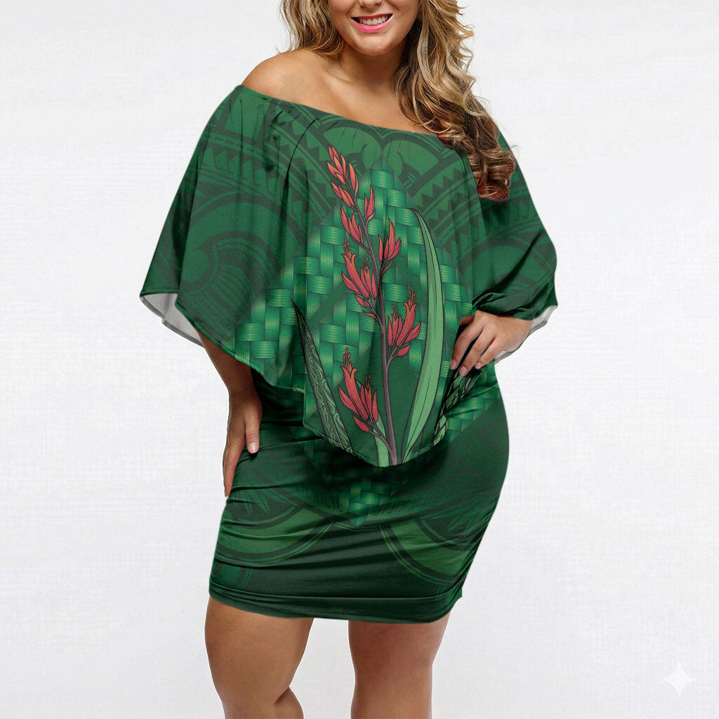 Rongoa Maori New Zealand Harakeke Off Shoulder Short Dress NZ Weaving Pattern Green LT14 Women Green - Polynesian Pride