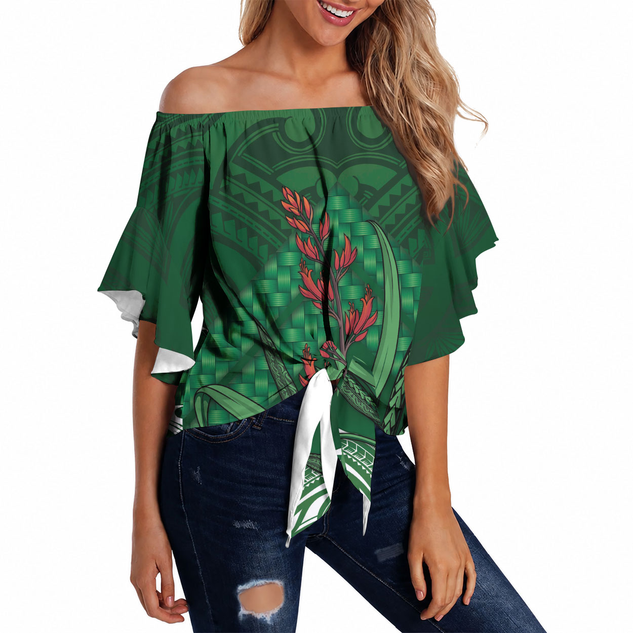 Rongoa Maori New Zealand Harakeke Off Shoulder Wrap Waist Top NZ Weaving Pattern Green LT14 Green - Polynesian Pride