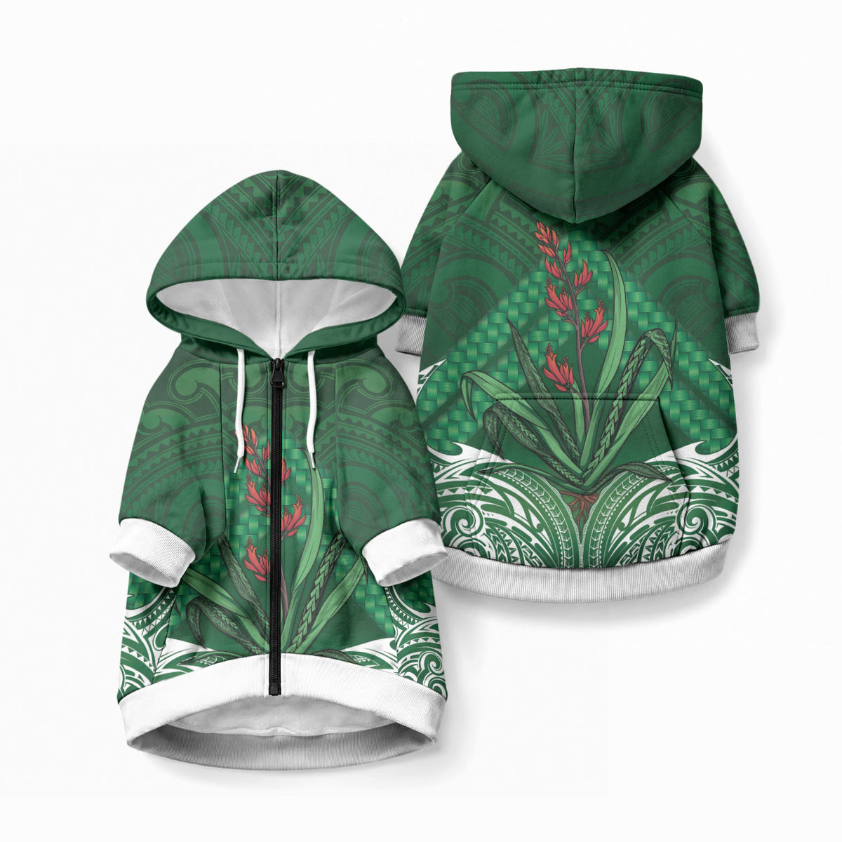 Rongoa Maori New Zealand Harakeke Pet Hoodie NZ Weaving Pattern Green LT14 Zip-up Green - Polynesian Pride
