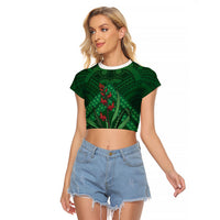 Rongoa Maori New Zealand Harakeke Raglan Cropped T Shirt NZ Weaving Pattern Green LT14 Female Green - Polynesian Pride