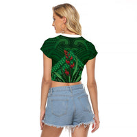 Rongoa Maori New Zealand Harakeke Raglan Cropped T Shirt NZ Weaving Pattern Green LT14 - Polynesian Pride