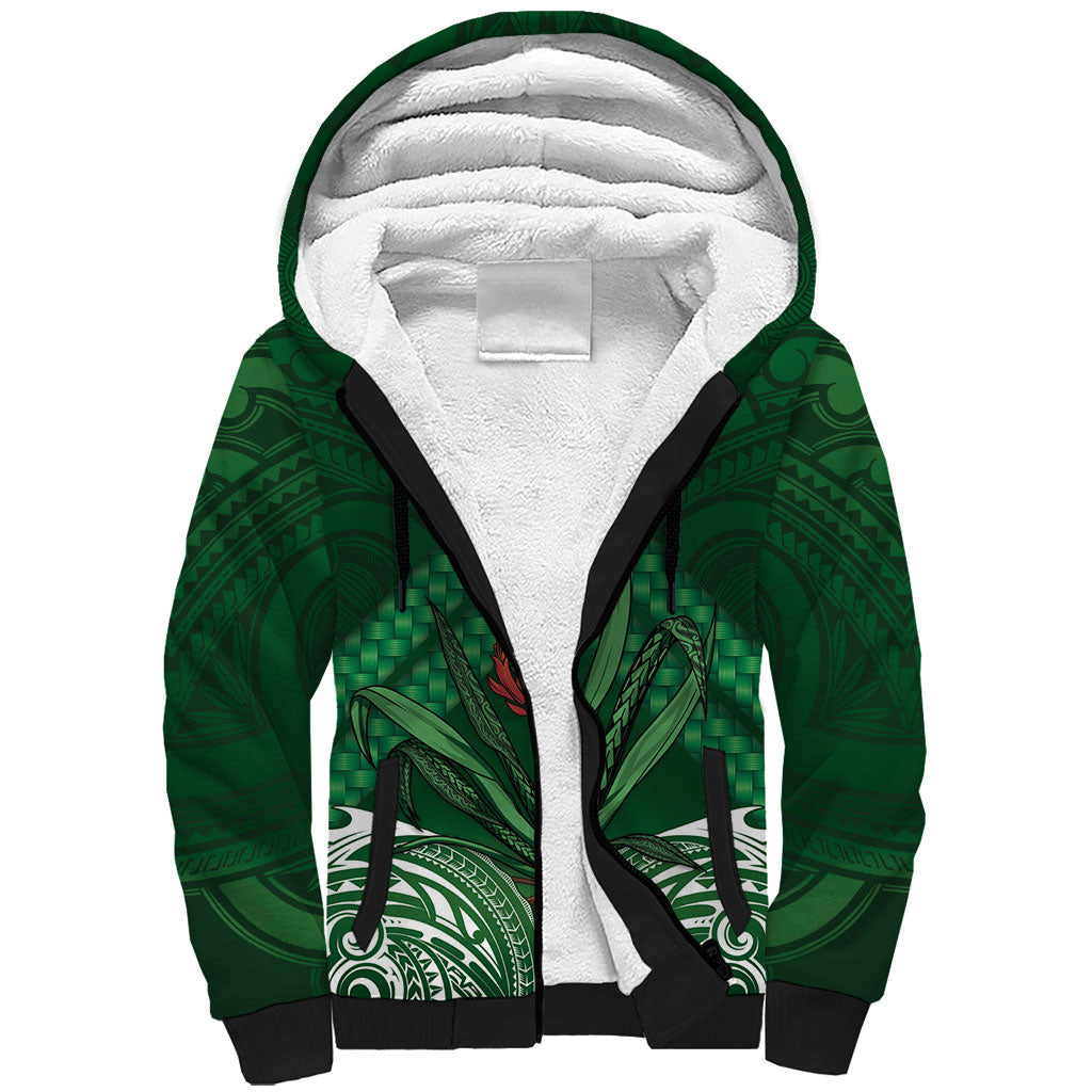 Rongoa Maori New Zealand Harakeke Sherpa Hoodie NZ Weaving Pattern Green LT14 Unisex Green - Polynesian Pride