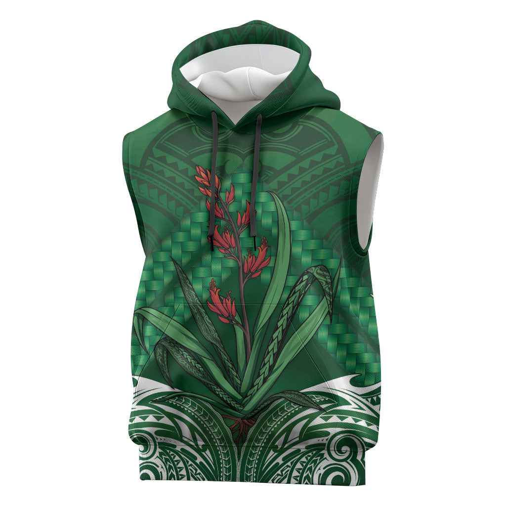 Rongoa Maori New Zealand Harakeke Sleeveless Hoodie NZ Weaving Pattern Green LT14 Green - Polynesian Pride