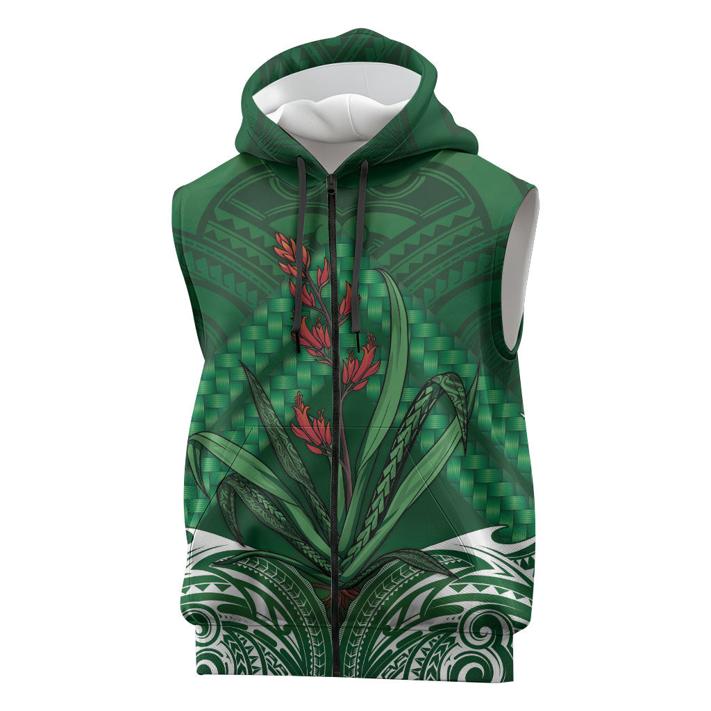 Rongoa Maori New Zealand Harakeke Sleeveless Zip Hoodie NZ Weaving Pattern Green LT14 Green - Polynesian Pride