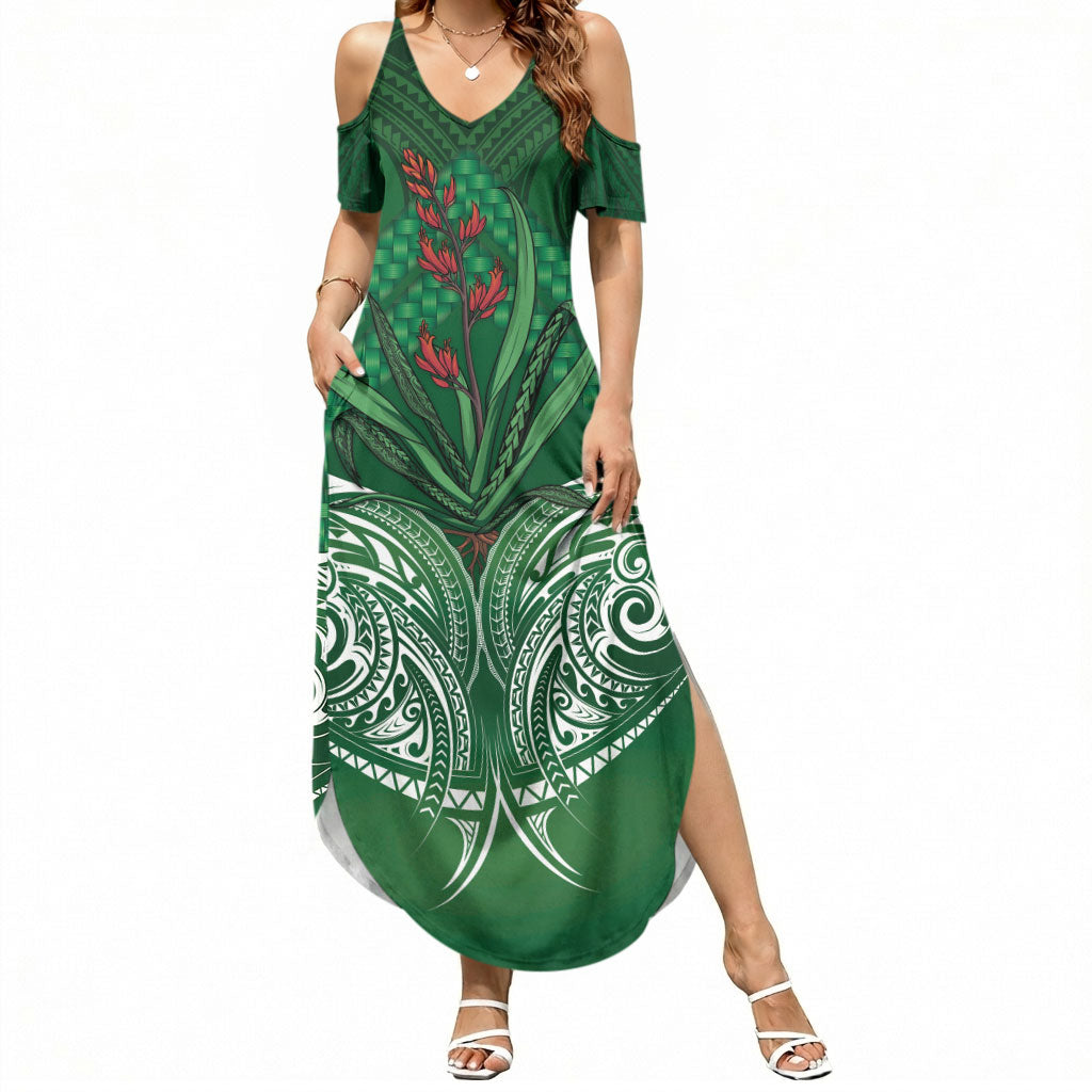 Rongoa Maori New Zealand Harakeke Summer Maxi Dress NZ Weaving Pattern Green LT14 Women Green - Polynesian Pride