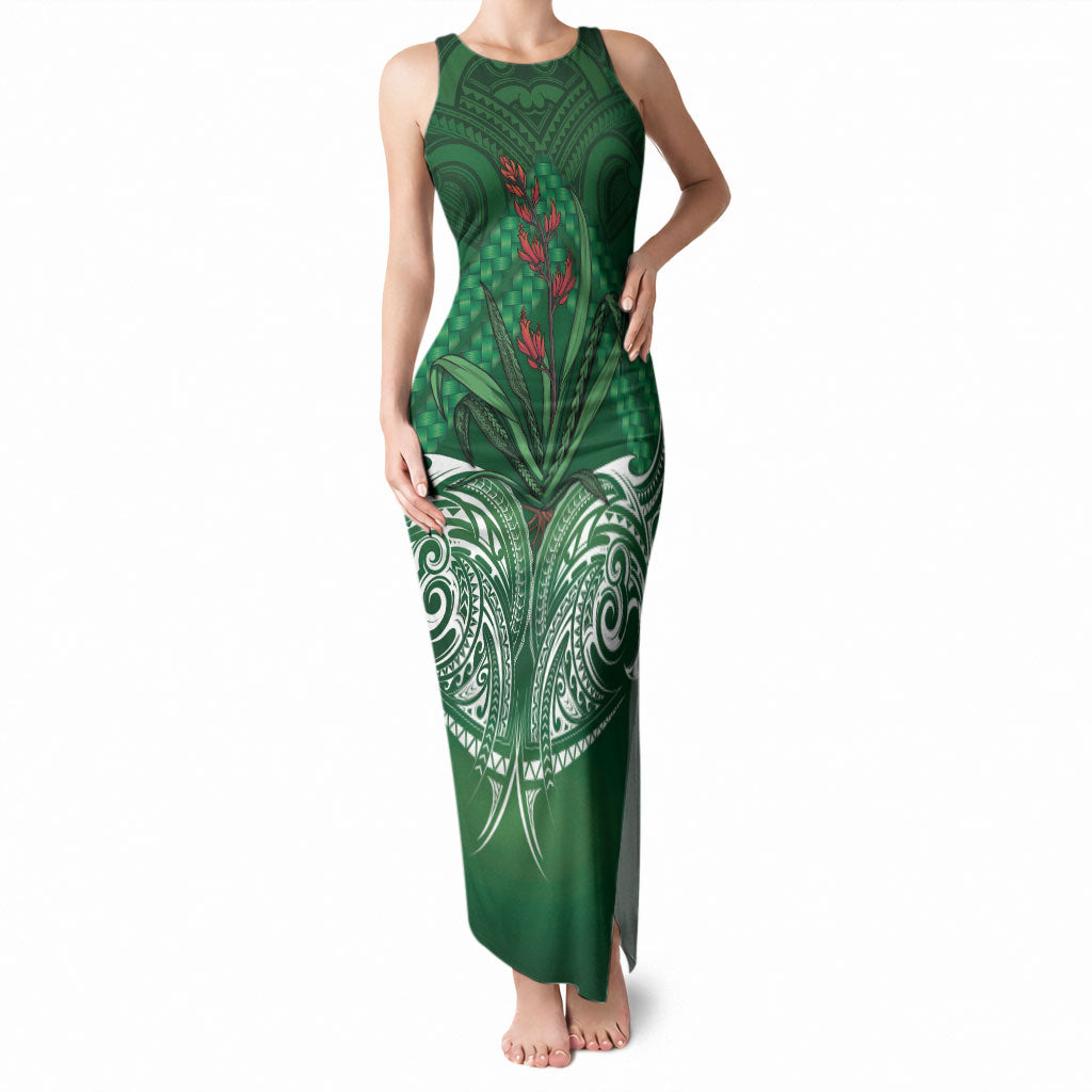 Rongoa Maori New Zealand Harakeke Tank Maxi Dress NZ Weaving Pattern Green LT14 Women Green - Polynesian Pride