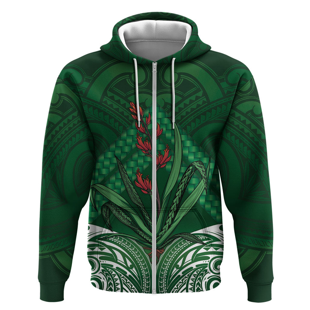 Rongoa Maori New Zealand Harakeke Zip Hoodie NZ Weaving Pattern Green LT14 Zip Hoodie Green - Polynesian Pride