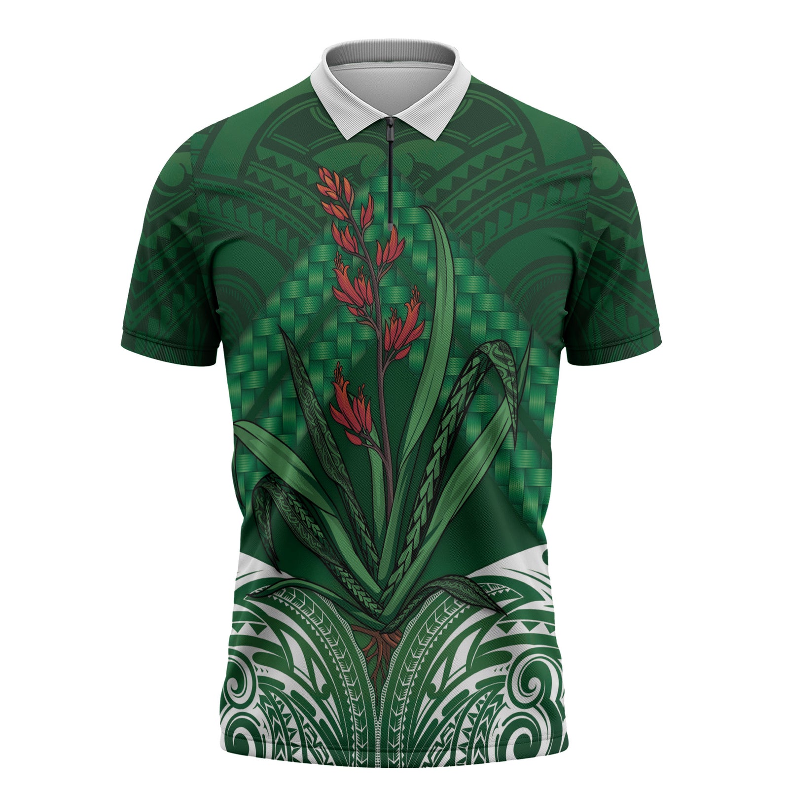 Rongoa Maori New Zealand Harakeke Zipper Polo Shirt NZ Weaving Pattern Green LT14 Green - Polynesian Pride