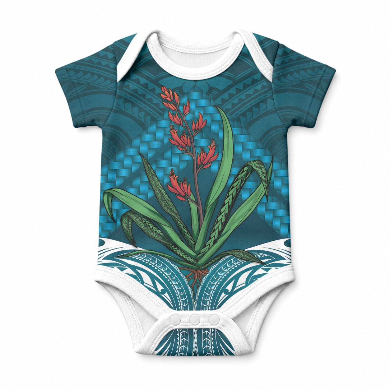 Rongoa Maori New Zealand Harakeke Baby Onesie NZ Weaving Pattern Dark Teal LT14 Dark Teal - Polynesian Pride