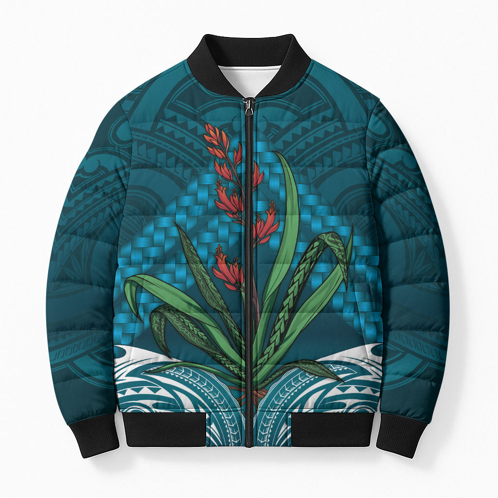 Rongoa Maori New Zealand Harakeke Bomber Puffer Jacket NZ Weaving Pattern Dark Teal LT14 Unisex Dark Teal - Polynesian Pride