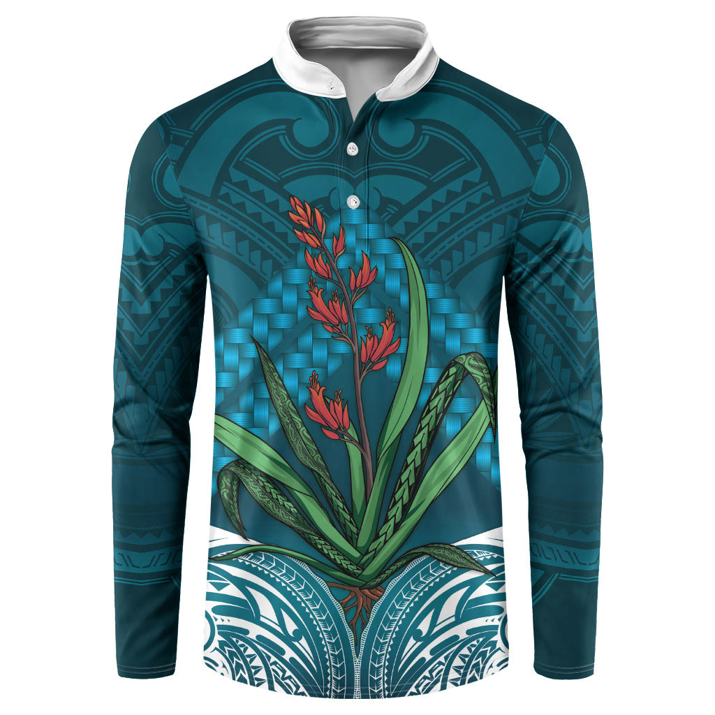 Rongoa Maori New Zealand Harakeke Button Sweatshirt NZ Weaving Pattern Dark Teal LT14 Dark Teal - Polynesian Pride